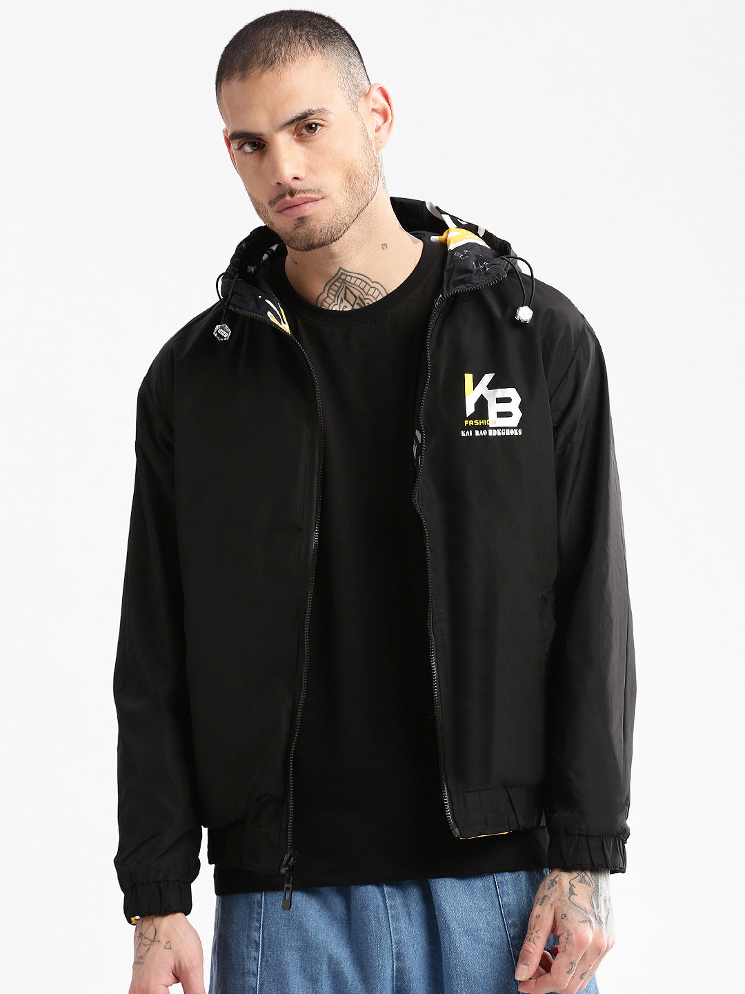 Men's Hooded Black Typography Bomber Over sized Reversible Jacket