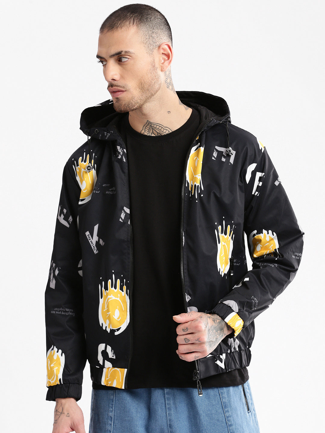 Men's Hooded Black Typography Bomber Over sized Reversible Jacket