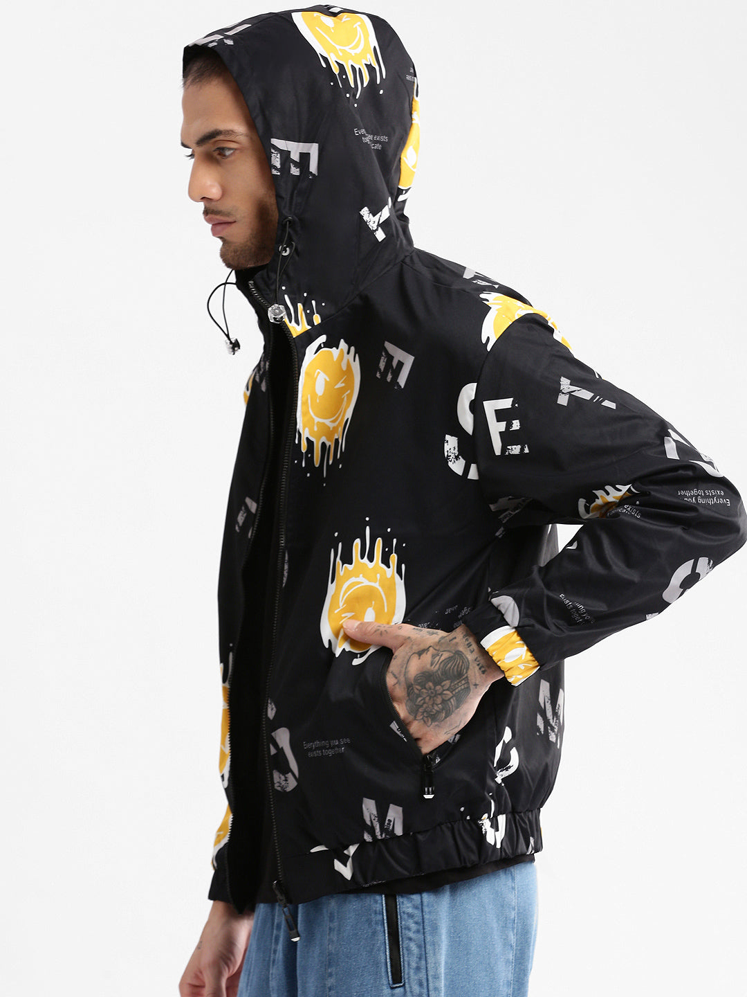 Men's Hooded Black Typography Bomber Over sized Reversible Jacket