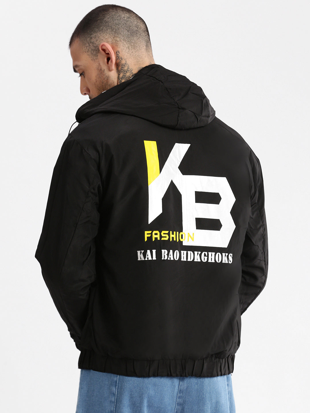Men's Hooded Black Typography Bomber Over sized Reversible Jacket