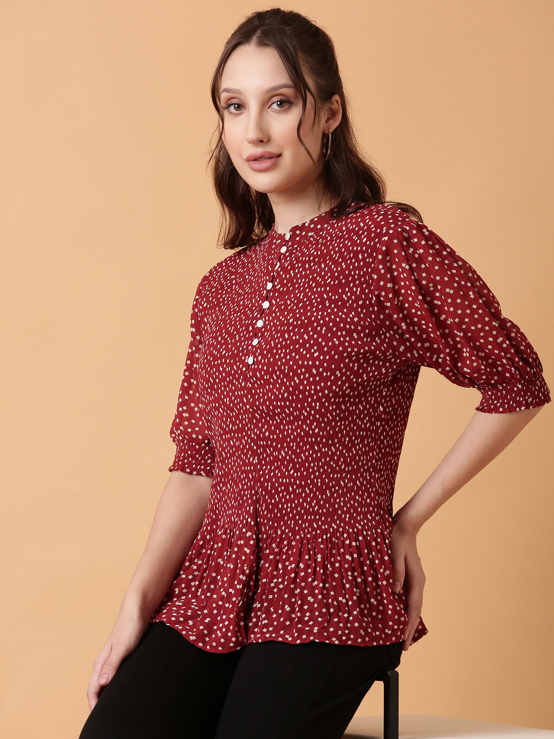 Women's Red Polka Dot Print Puff Sleeve Crepe Top