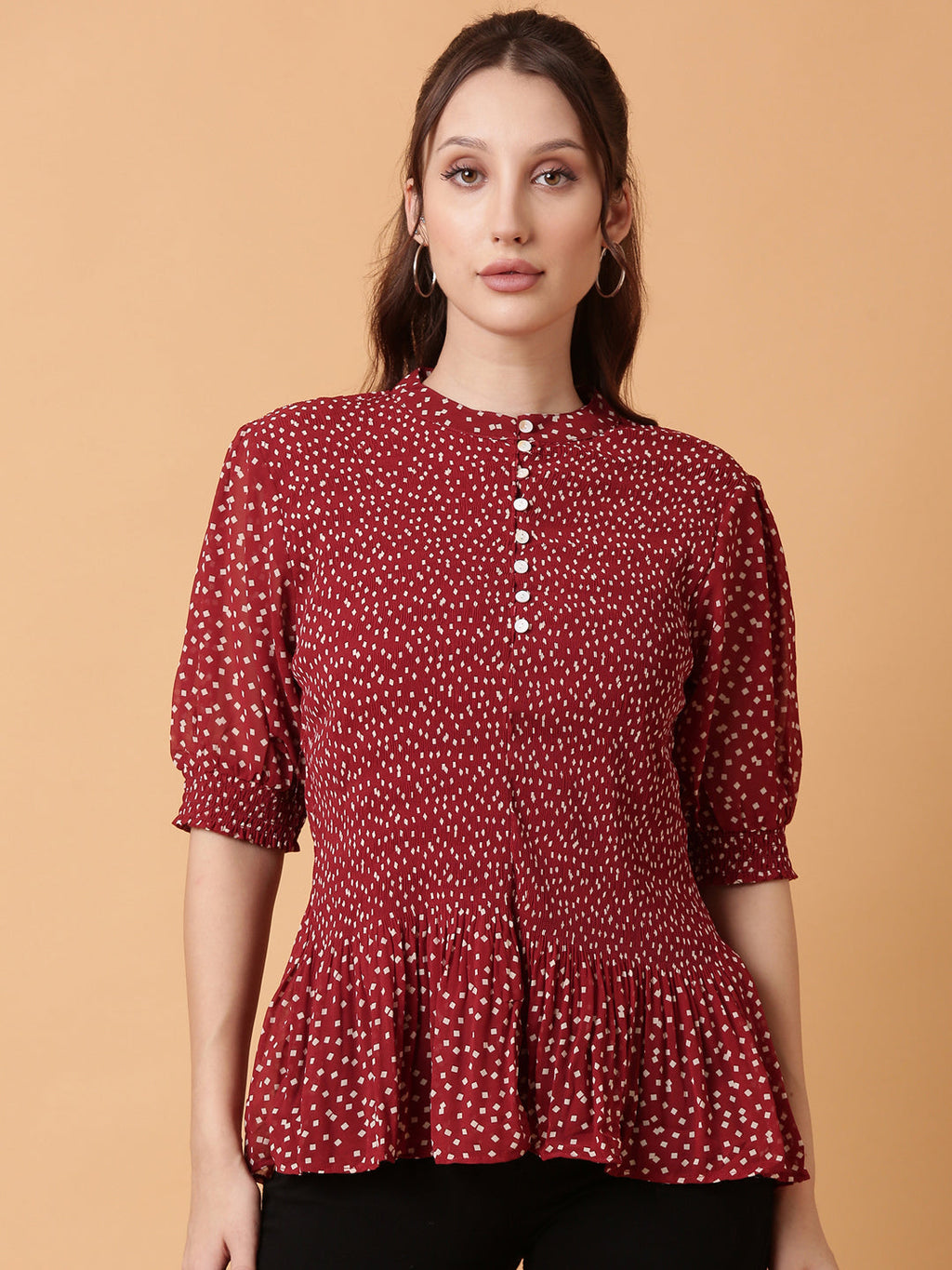 Women's Red Polka Dot Print Puff Sleeve Crepe Top