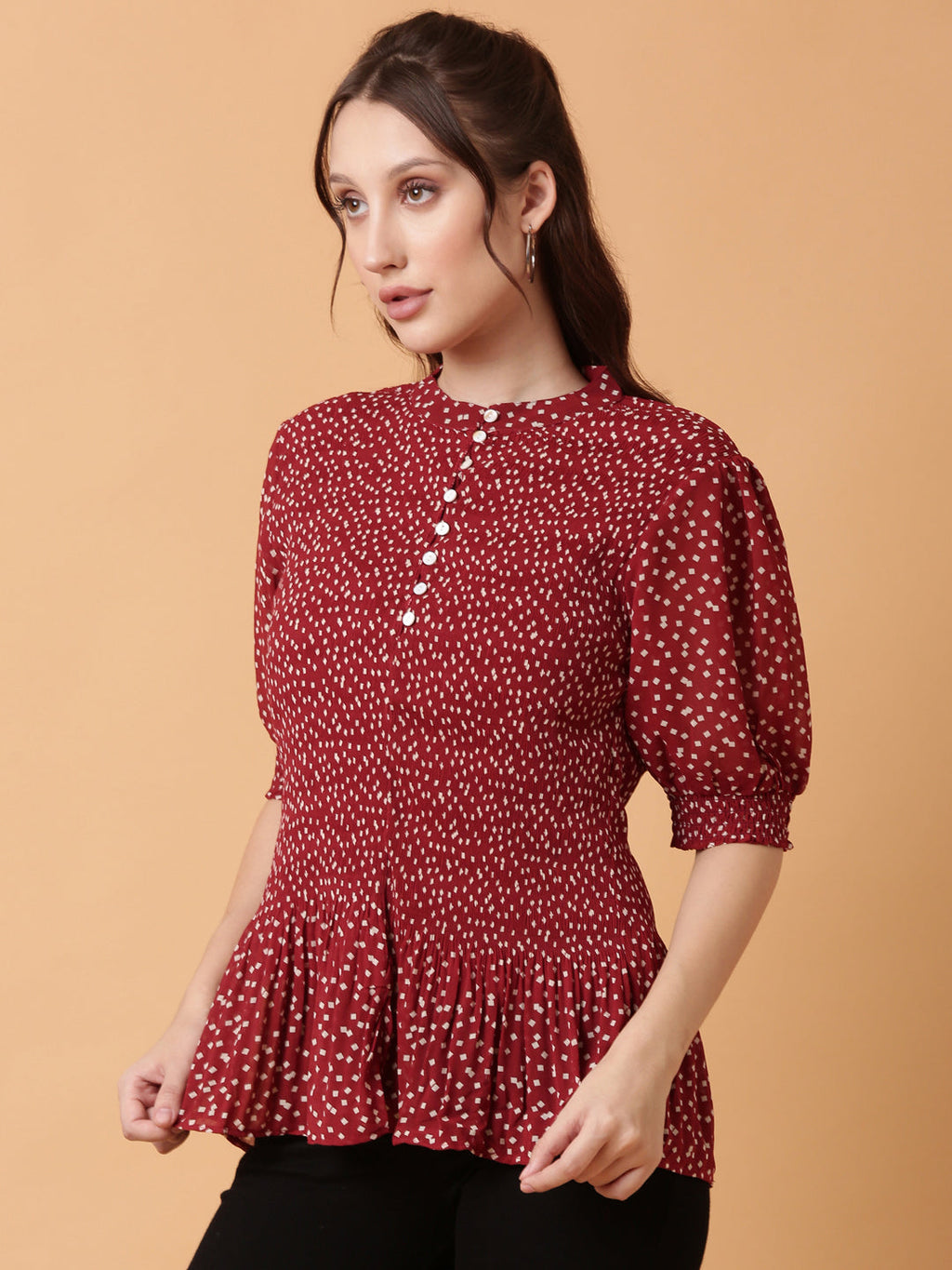 Women's Red Polka Dot Print Puff Sleeve Crepe Top