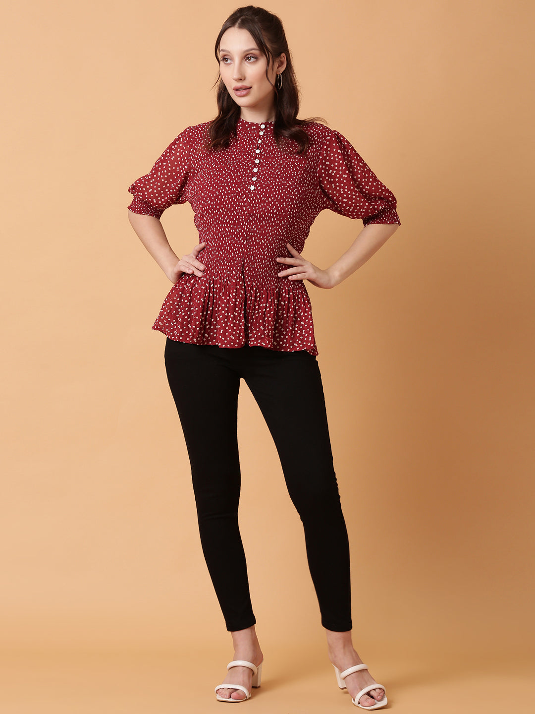 Women's Red Polka Dot Print Puff Sleeve Crepe Top