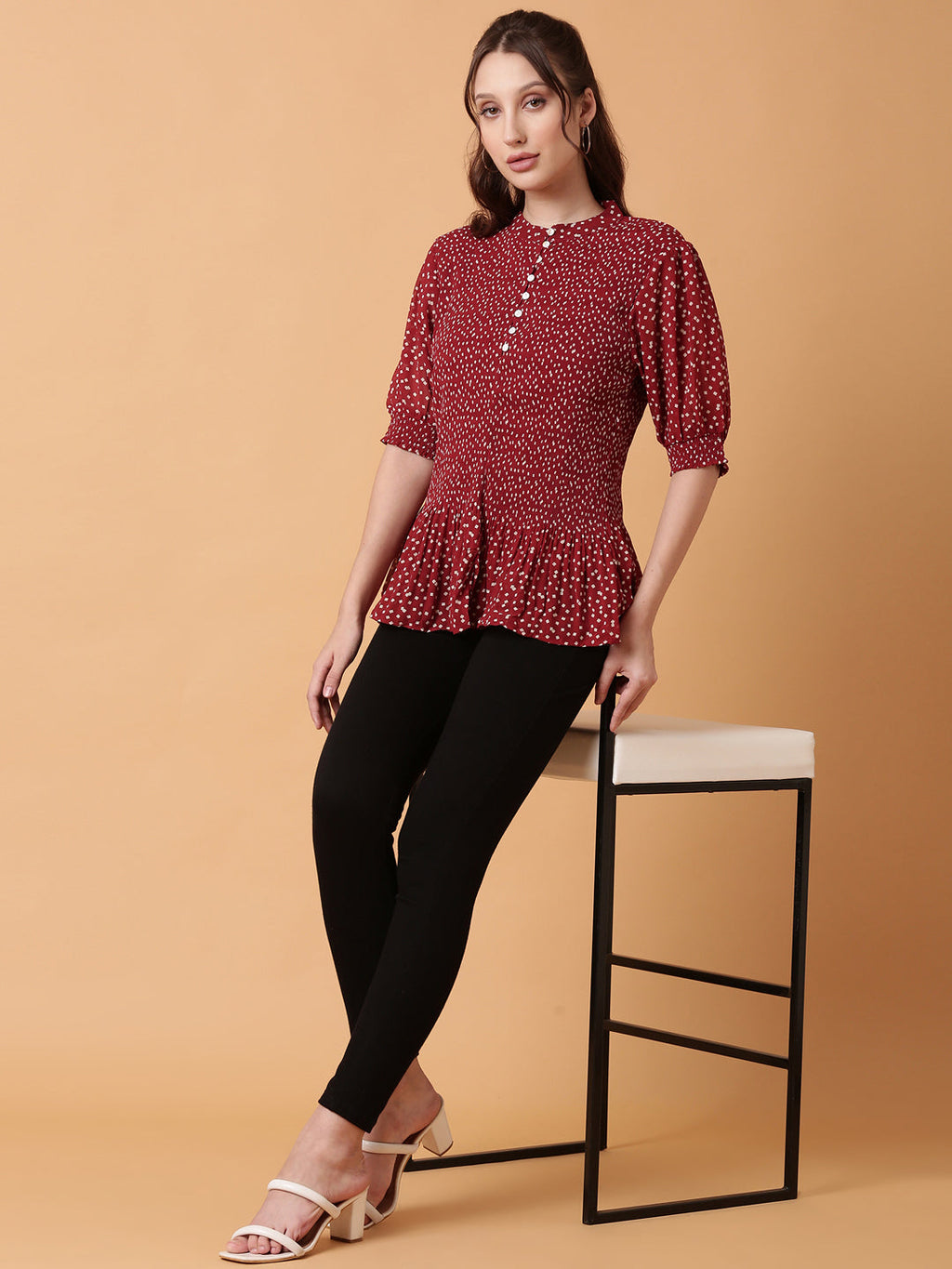 Women's Red Polka Dot Print Puff Sleeve Crepe Top
