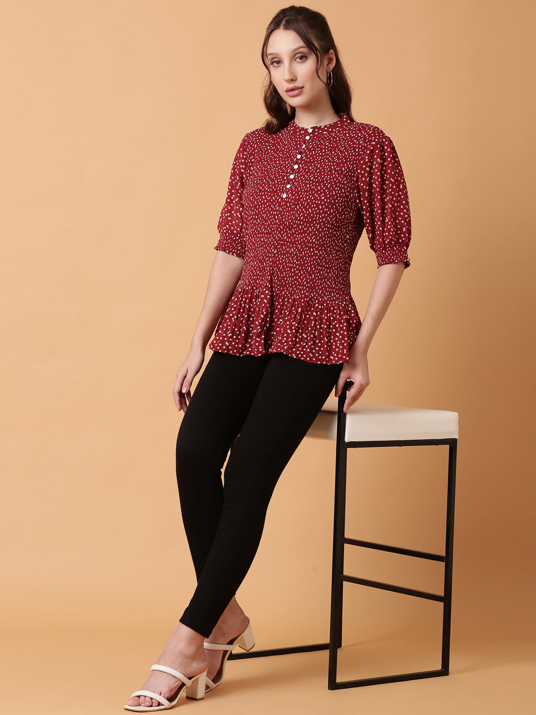 Women's Red Polka Dot Print Puff Sleeve Crepe Top