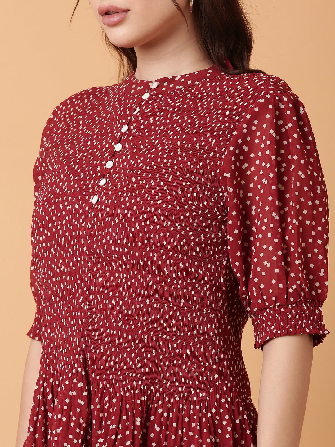 Women's Red Polka Dot Print Puff Sleeve Crepe Top