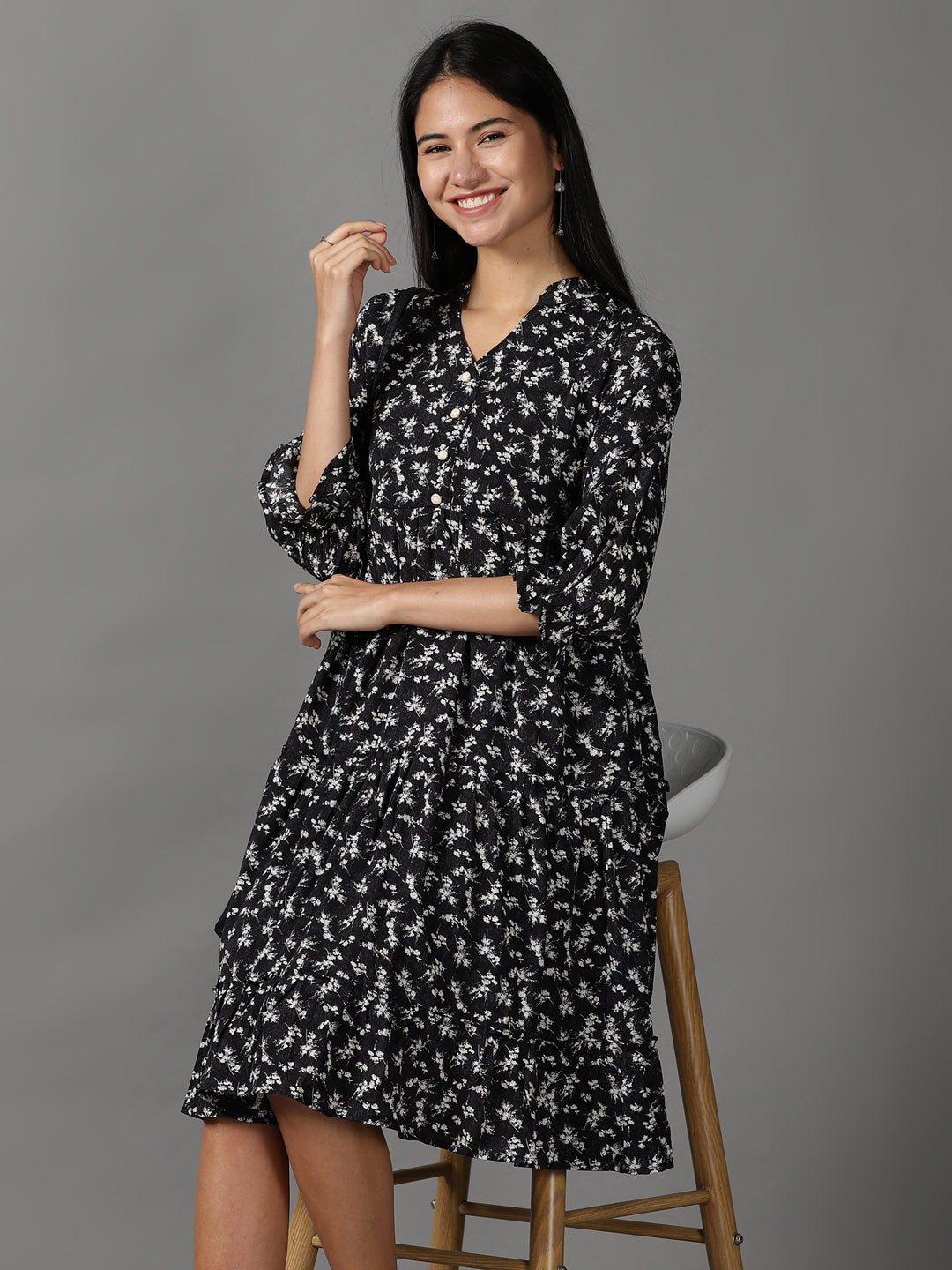 Women's Black Floral Printed Fit & Flare Dress