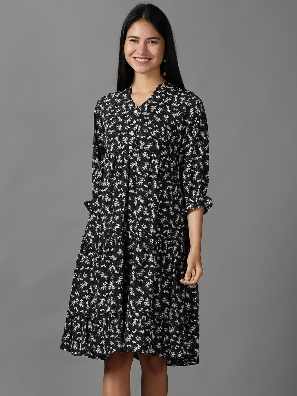Women's Black Floral Printed Fit & Flare Dress
