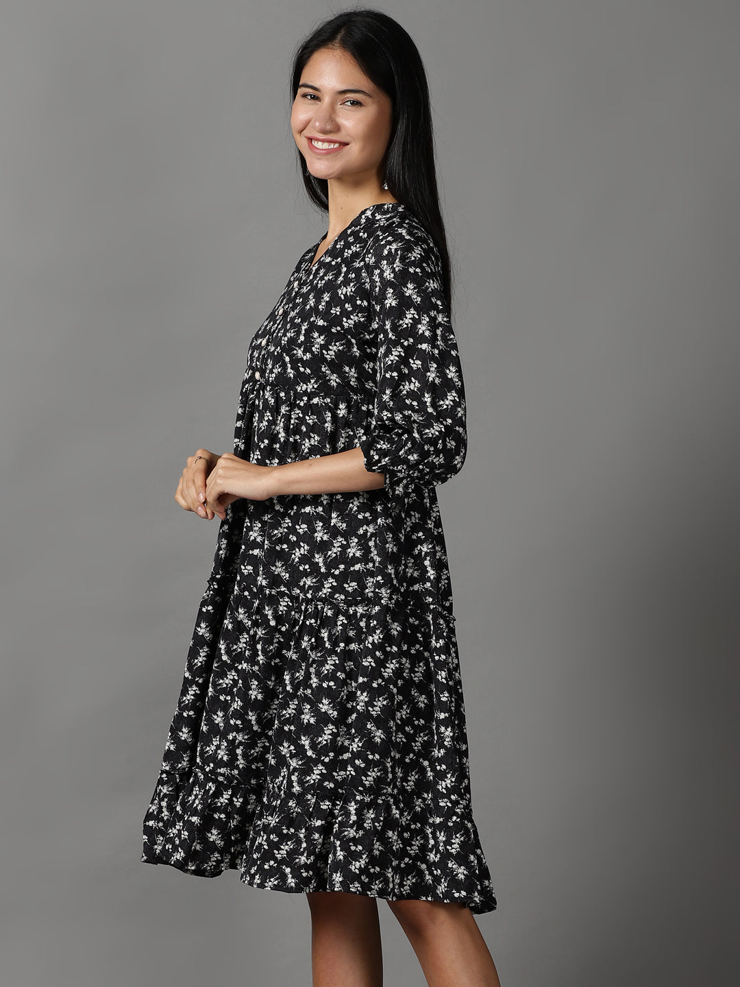 Women's Black Floral Printed Fit & Flare Dress
