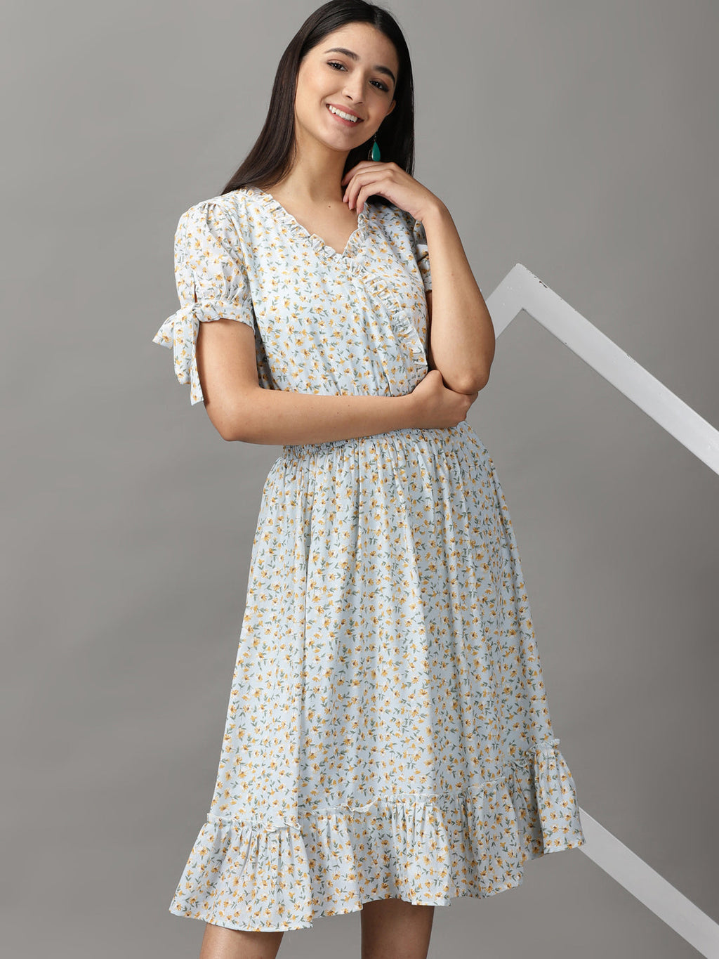 Women's Blue Floral Chiffon Fit & Flare Dress