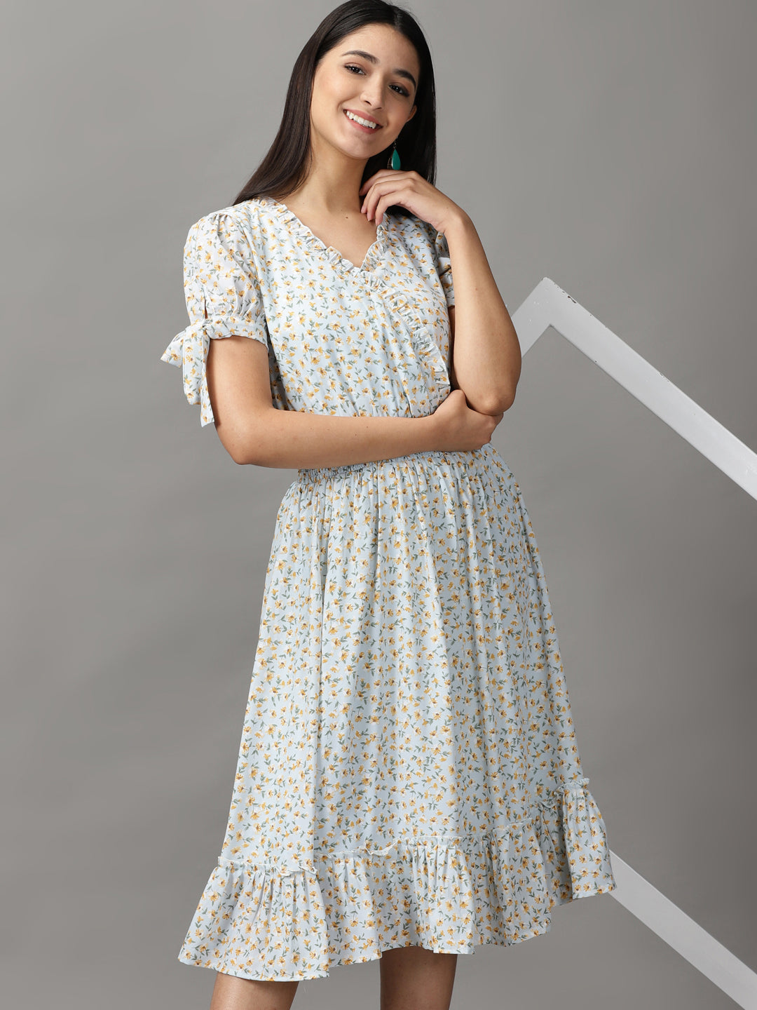 Women's Blue Floral Chiffon Fit & Flare Dress