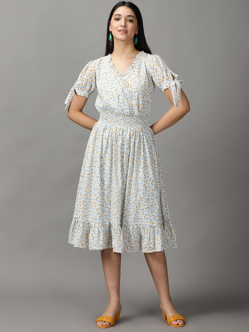 Women's Blue Floral Chiffon Fit & Flare Dress