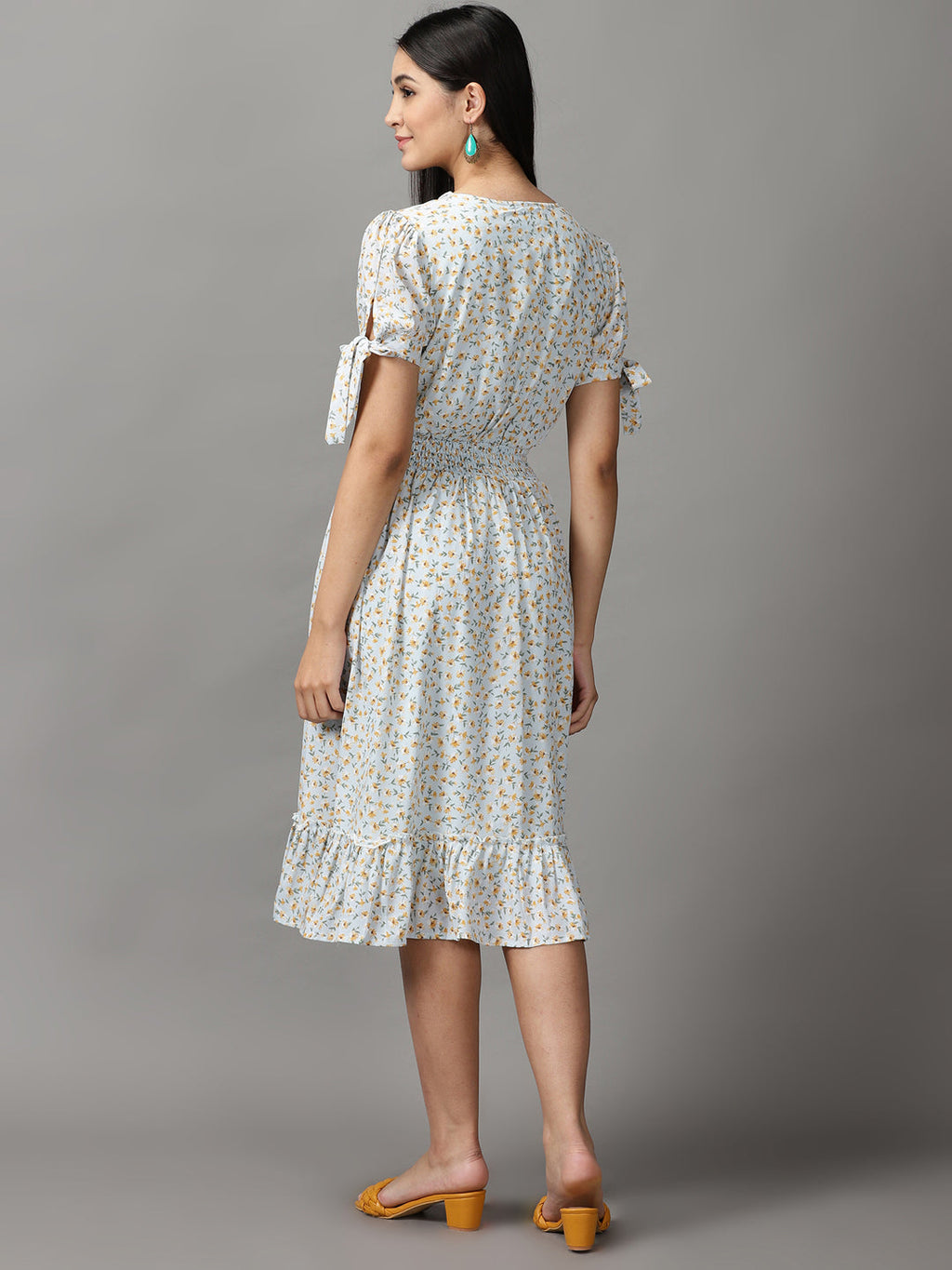 Women's Blue Floral Chiffon Fit & Flare Dress