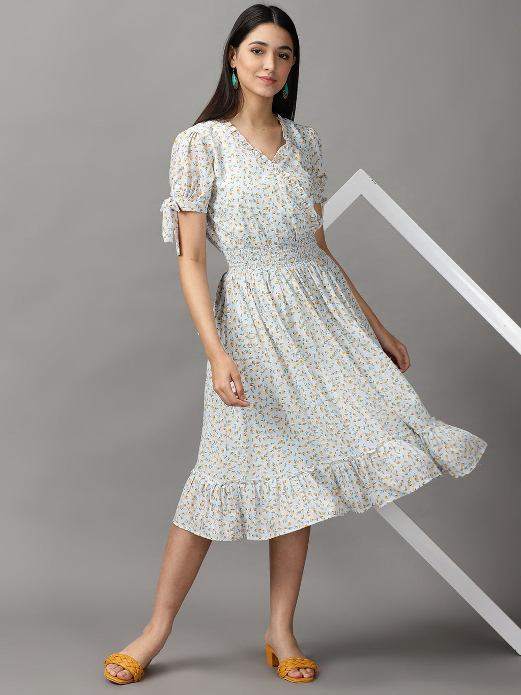 Women's Blue Floral Chiffon Fit & Flare Dress