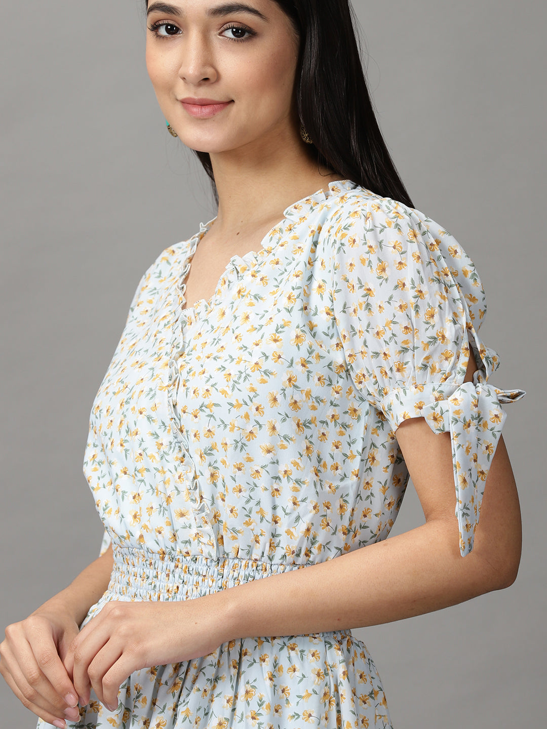 Women's Blue Floral Chiffon Fit & Flare Dress