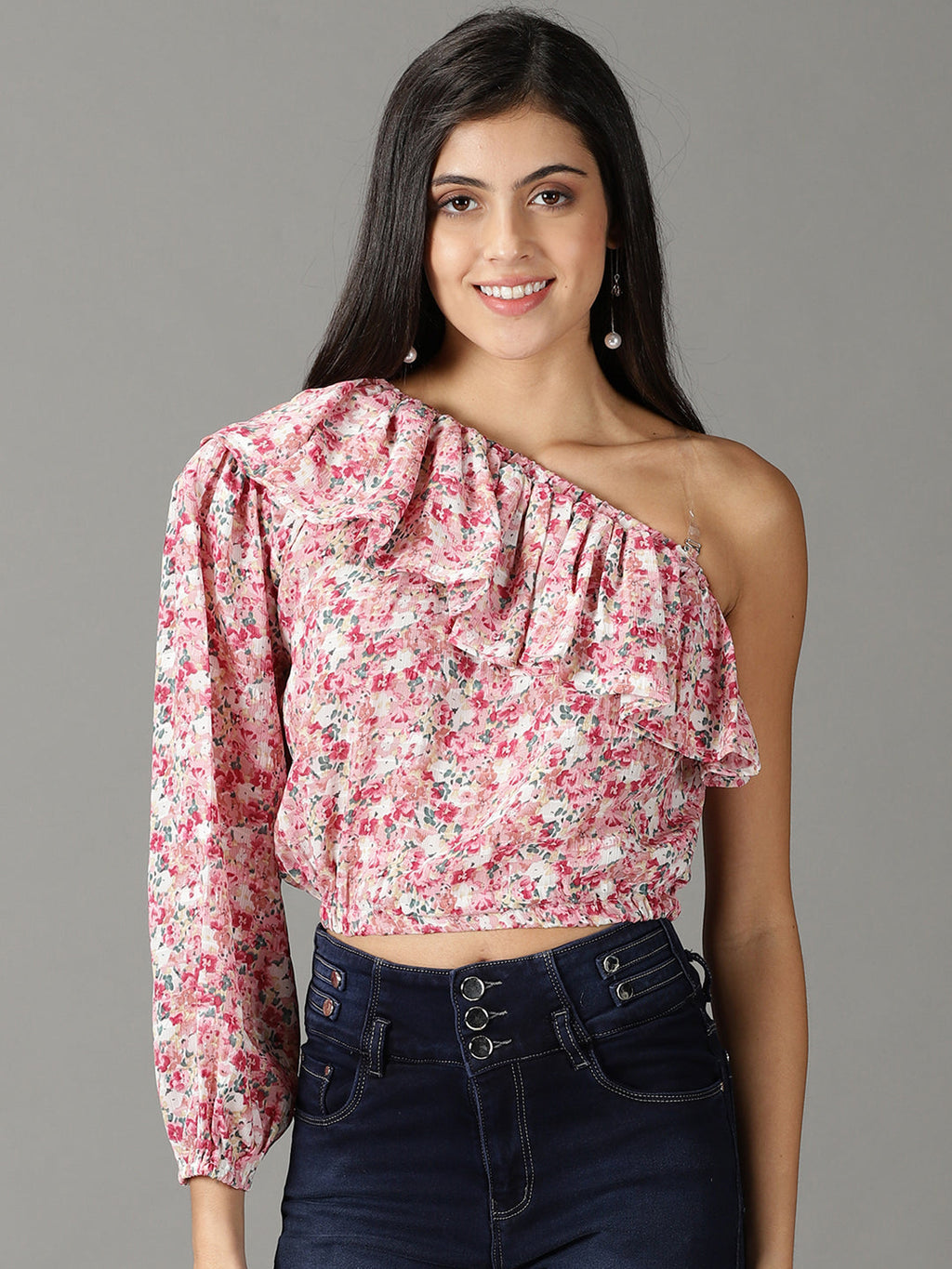 Women's Pink Floral Print One Shoulder Ruffles Chiffon Top