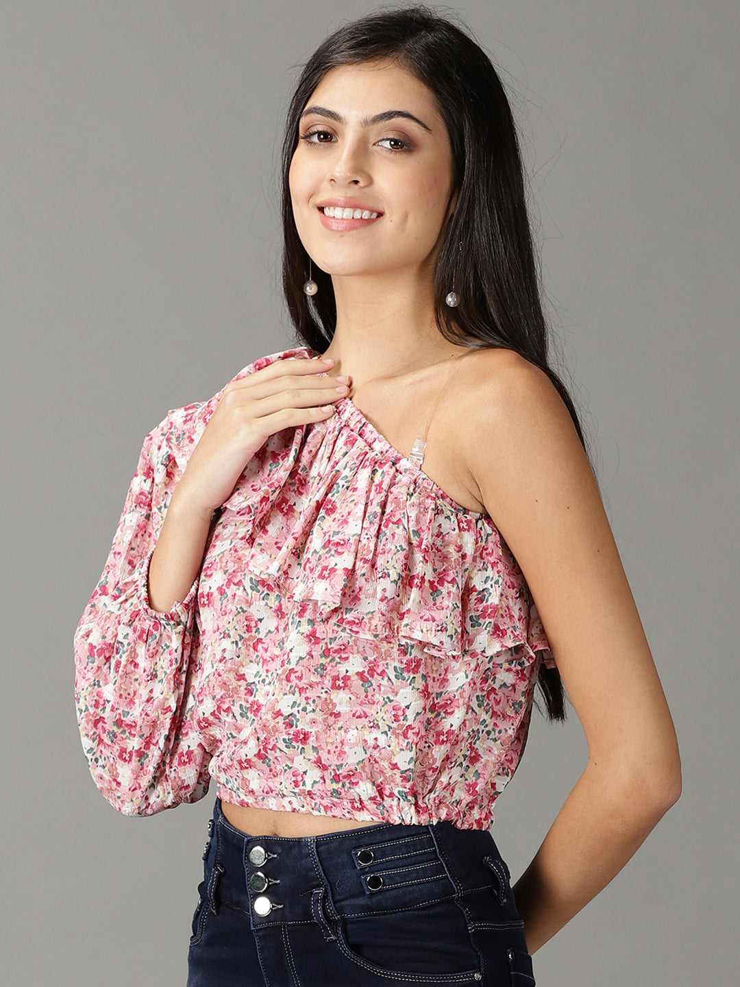 Women's Pink Floral Print One Shoulder Ruffles Chiffon Top
