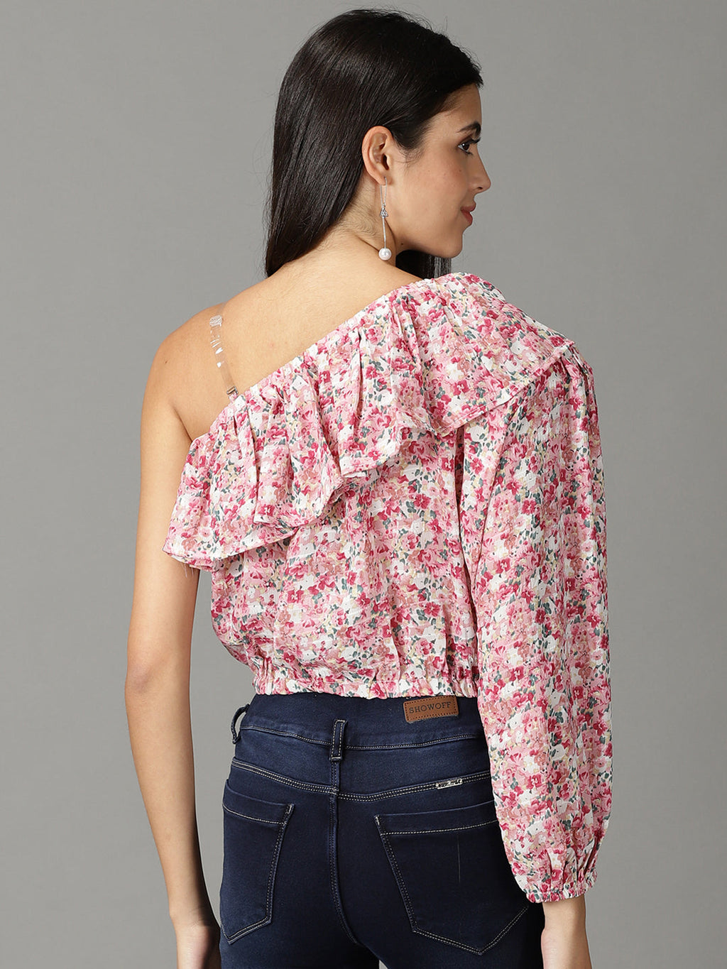 Women's Pink Floral Print One Shoulder Ruffles Chiffon Top