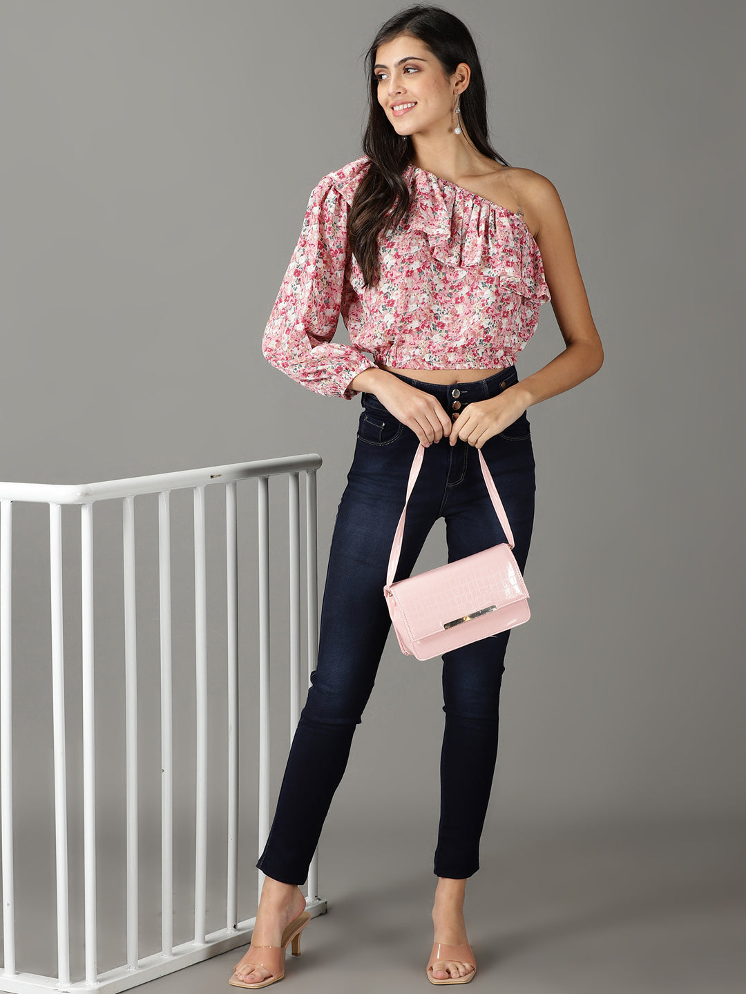 Women's Pink Floral Print One Shoulder Ruffles Chiffon Top