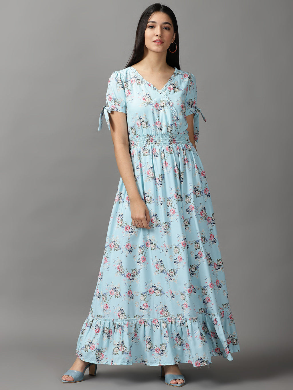 Women's Blue Floral Chiffon Fit & Flare Maxi Dress