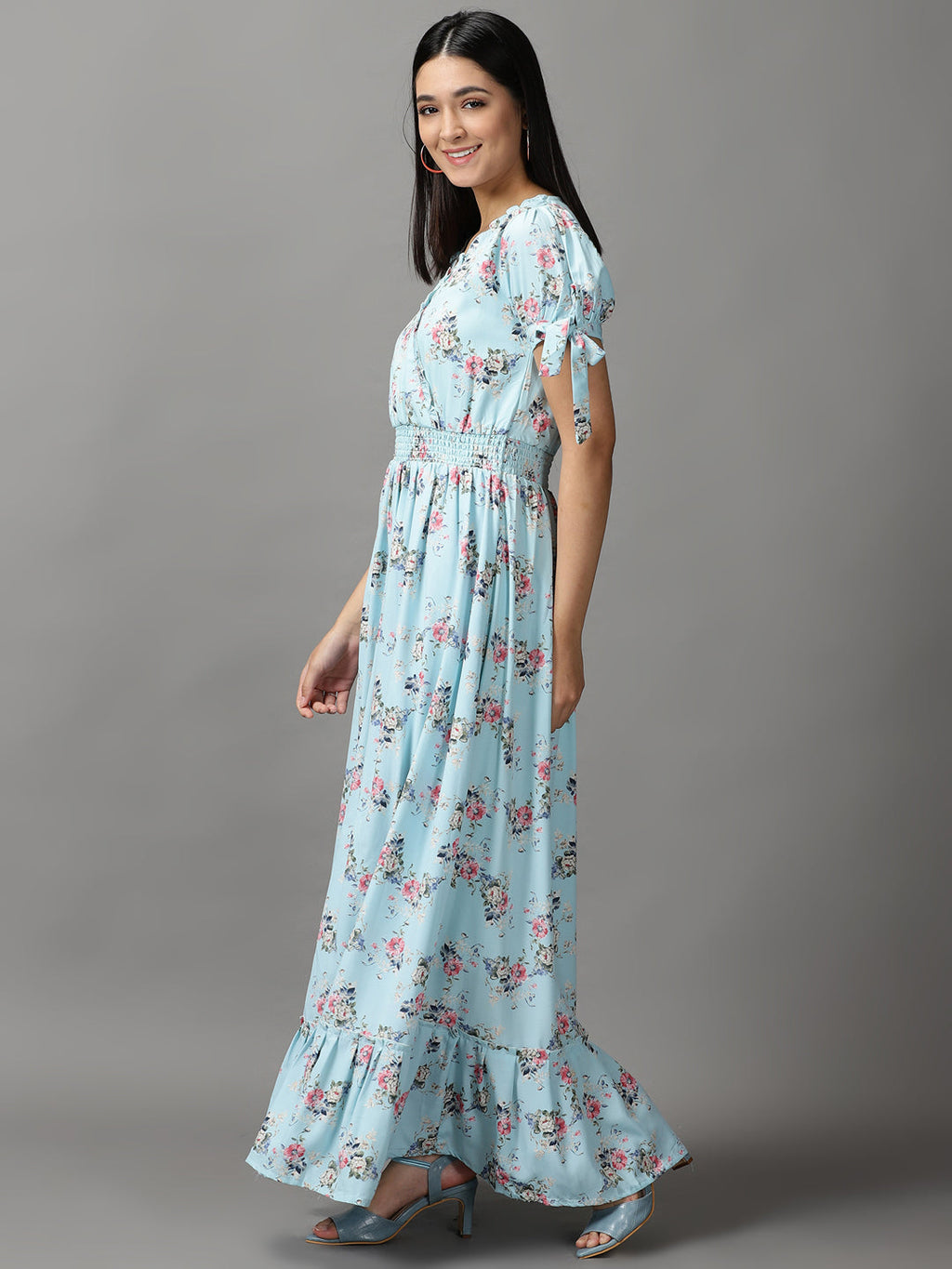 Women's Blue Floral Chiffon Fit & Flare Maxi Dress