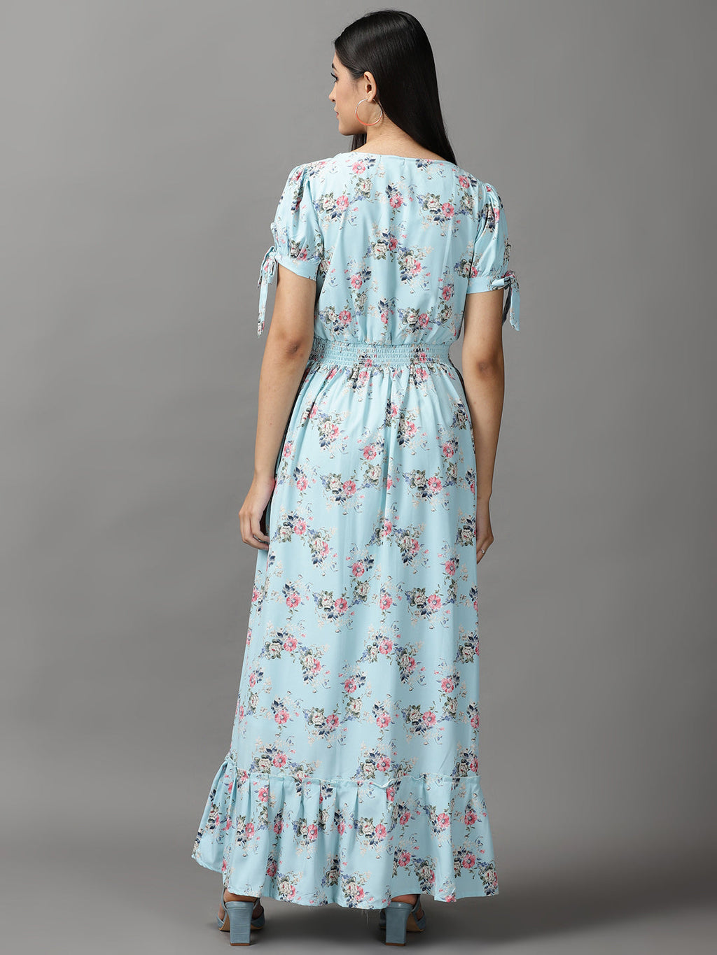 Women's Blue Floral Chiffon Fit & Flare Maxi Dress