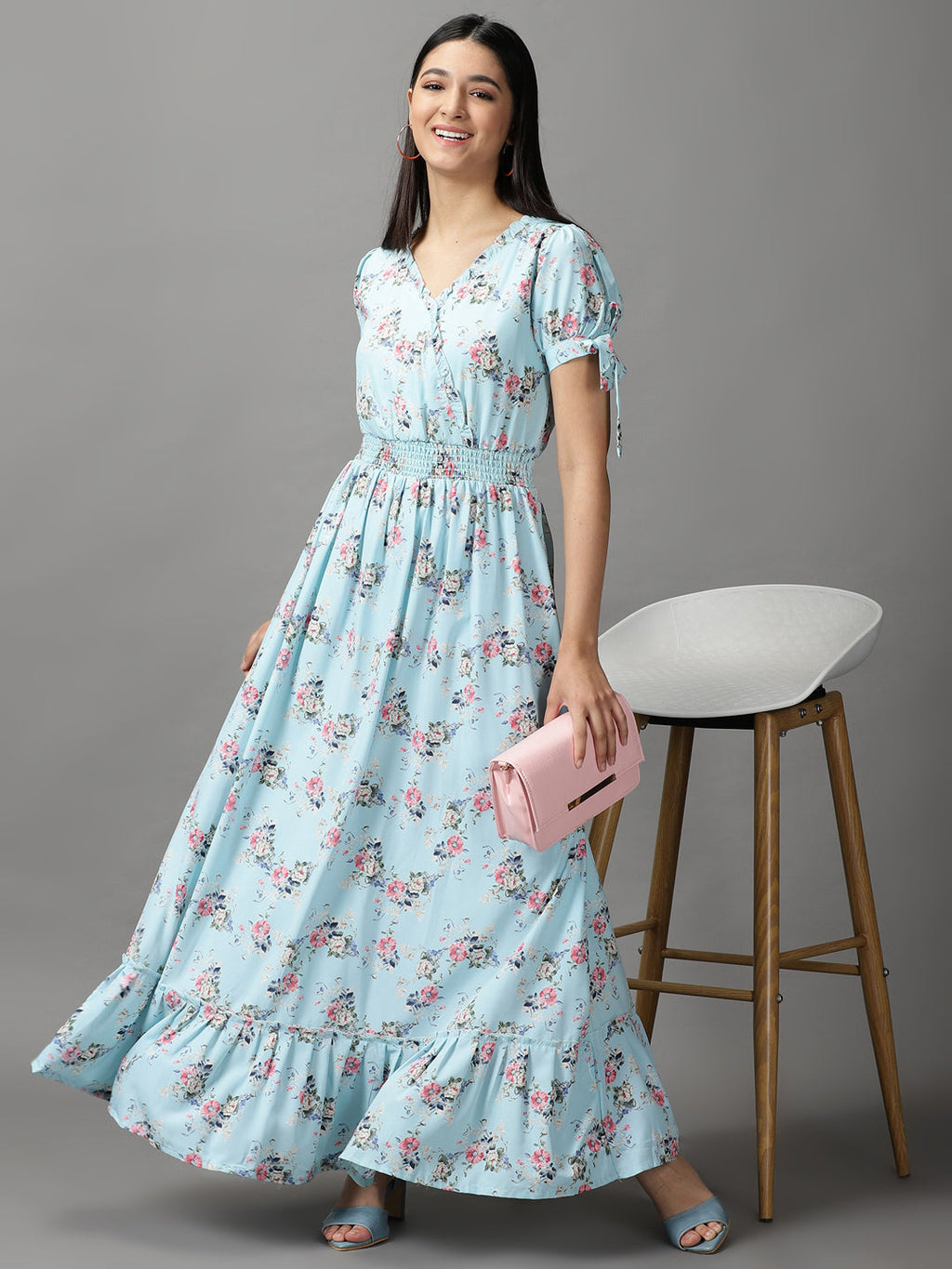 Women's Blue Floral Chiffon Fit & Flare Maxi Dress