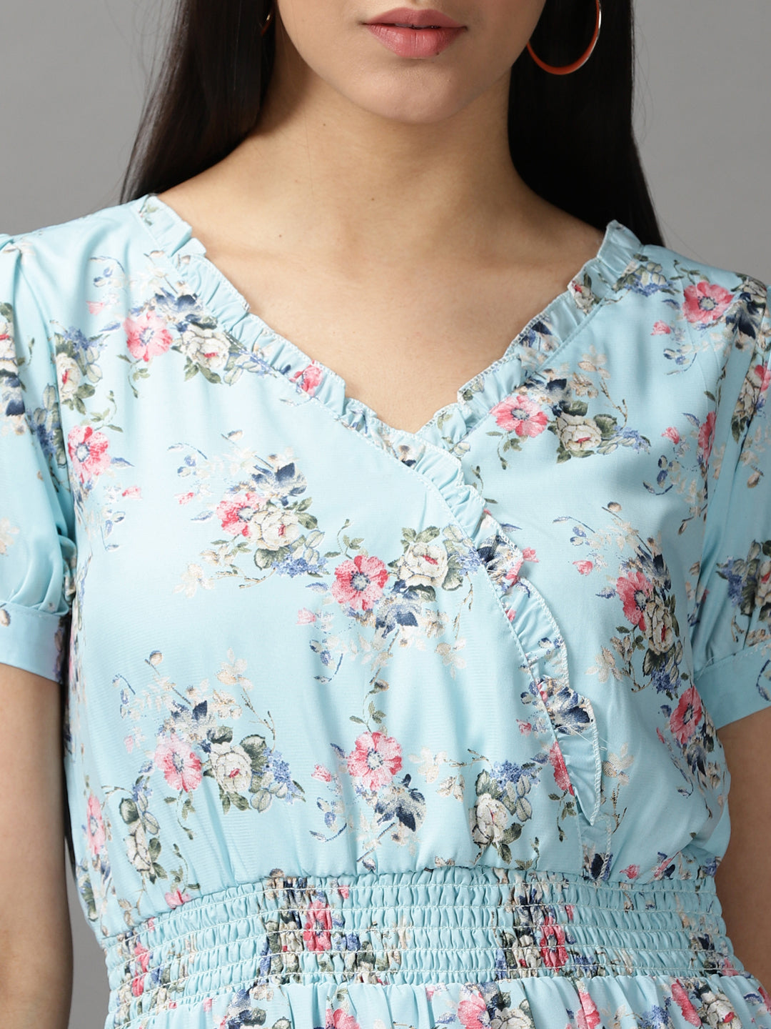 Women's Blue Floral Chiffon Fit & Flare Maxi Dress