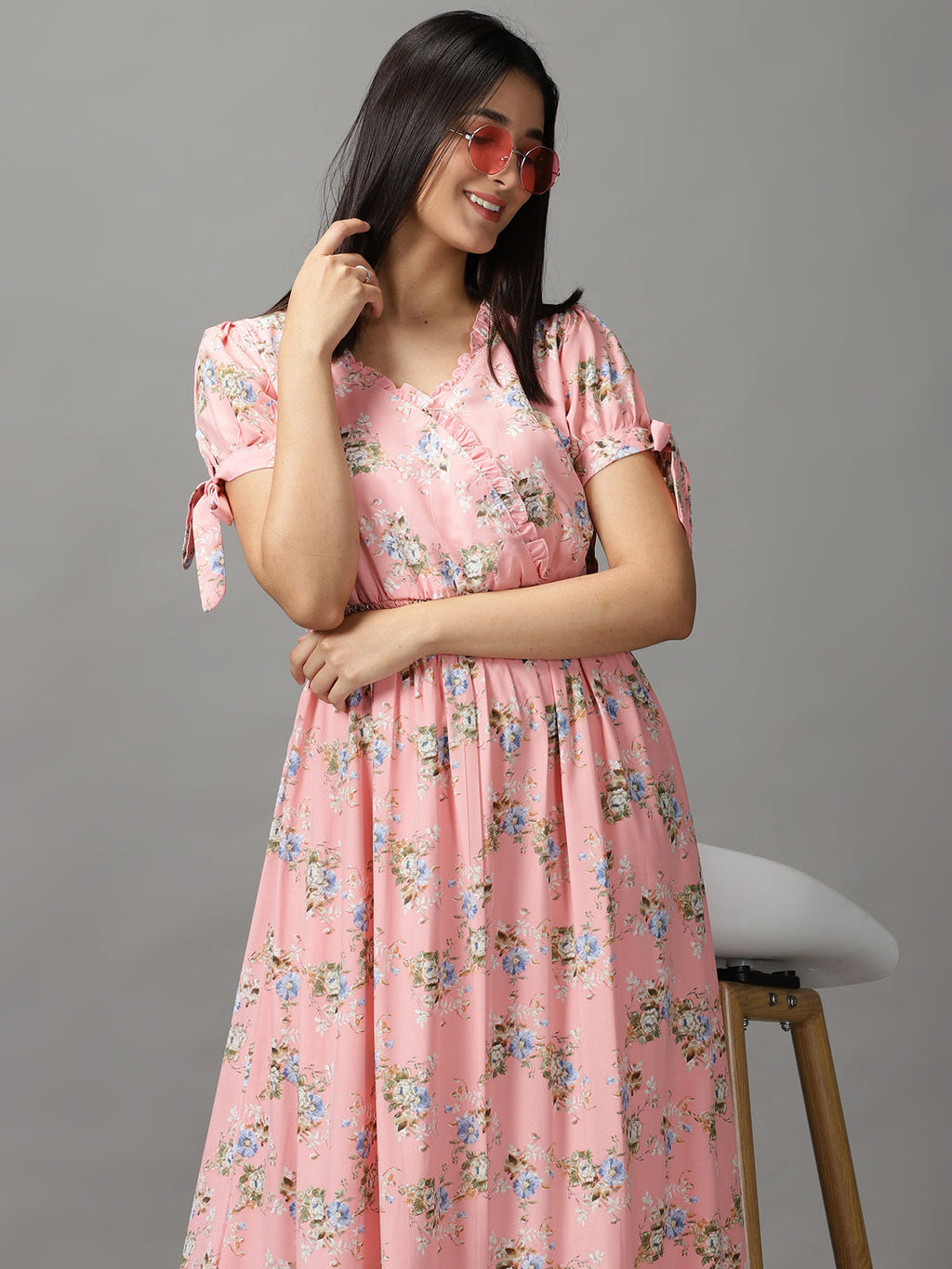 Women's Peach Floral Chiffon Fit & Flare Dress