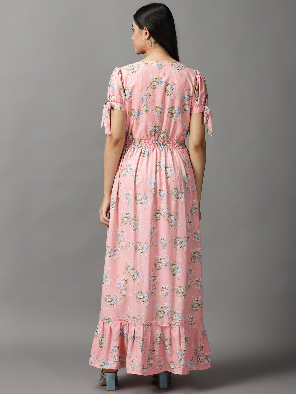 Women's Peach Floral Chiffon Fit & Flare Dress