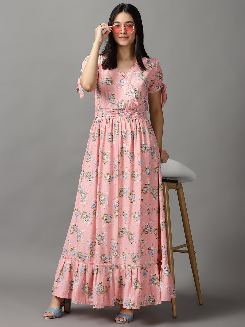 Women's Peach Floral Chiffon Fit & Flare Dress