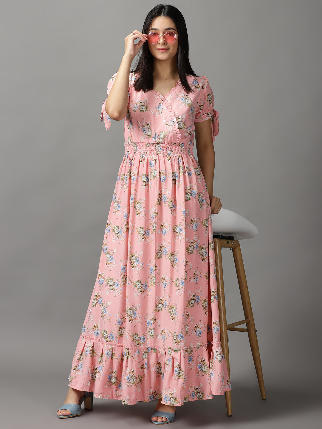 Women's Peach Floral Chiffon Fit & Flare Dress