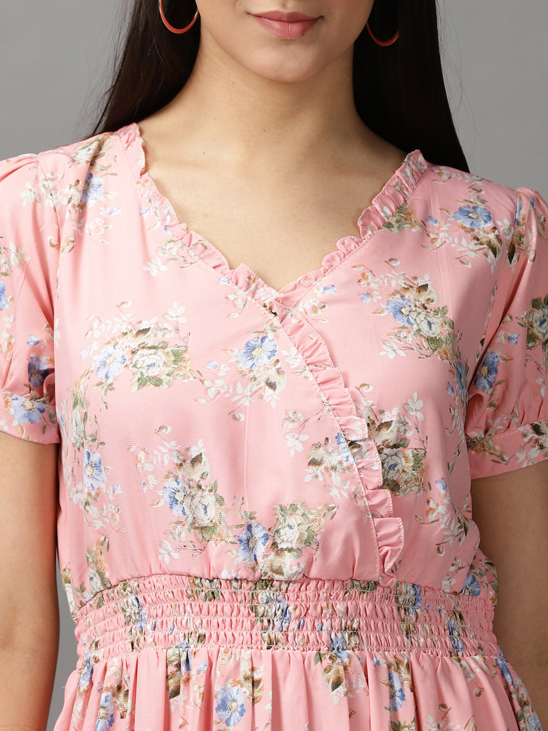 Women's Peach Floral Chiffon Fit & Flare Dress
