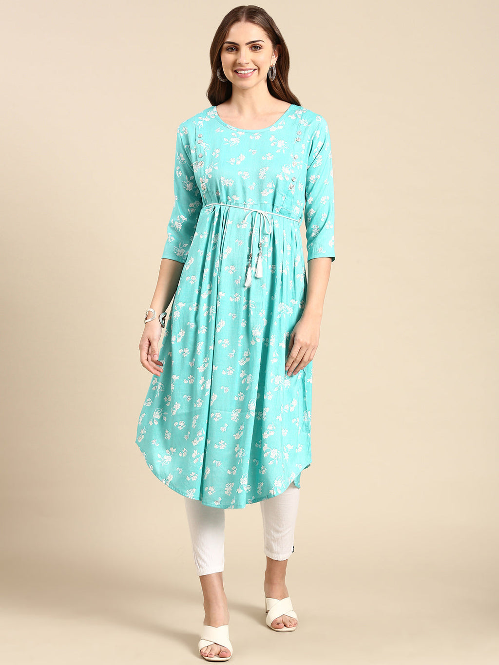 Women's Turquoise Blue Pleated Floral Printed Anarkali Kurta
