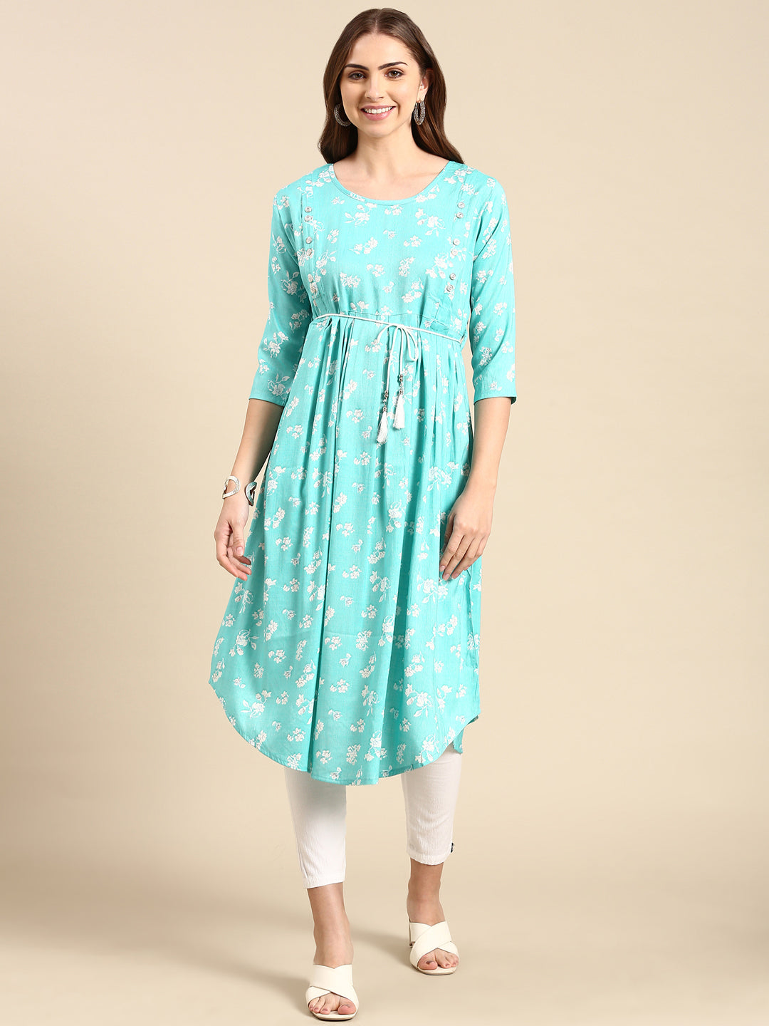 Women's Turquoise Blue Pleated Floral Printed Anarkali Kurta