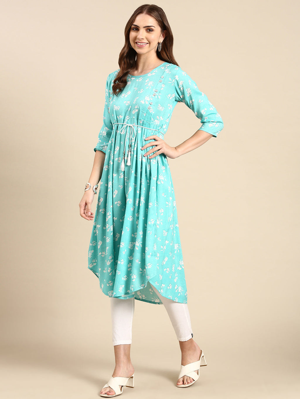 Women's Turquoise Blue Pleated Floral Printed Anarkali Kurta