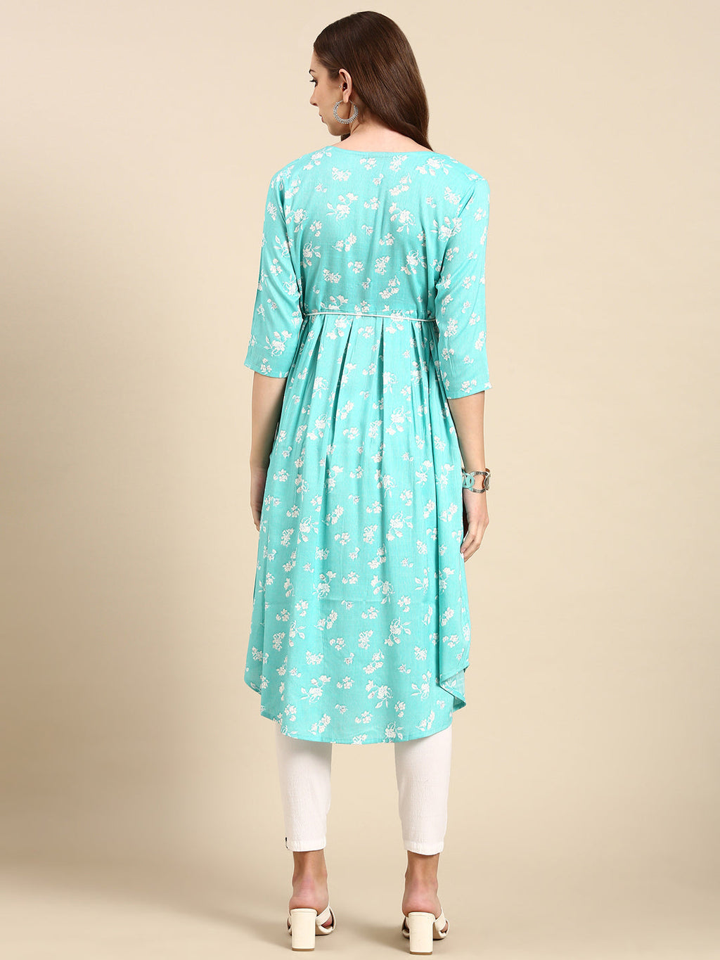 Women's Turquoise Blue Pleated Floral Printed Anarkali Kurta
