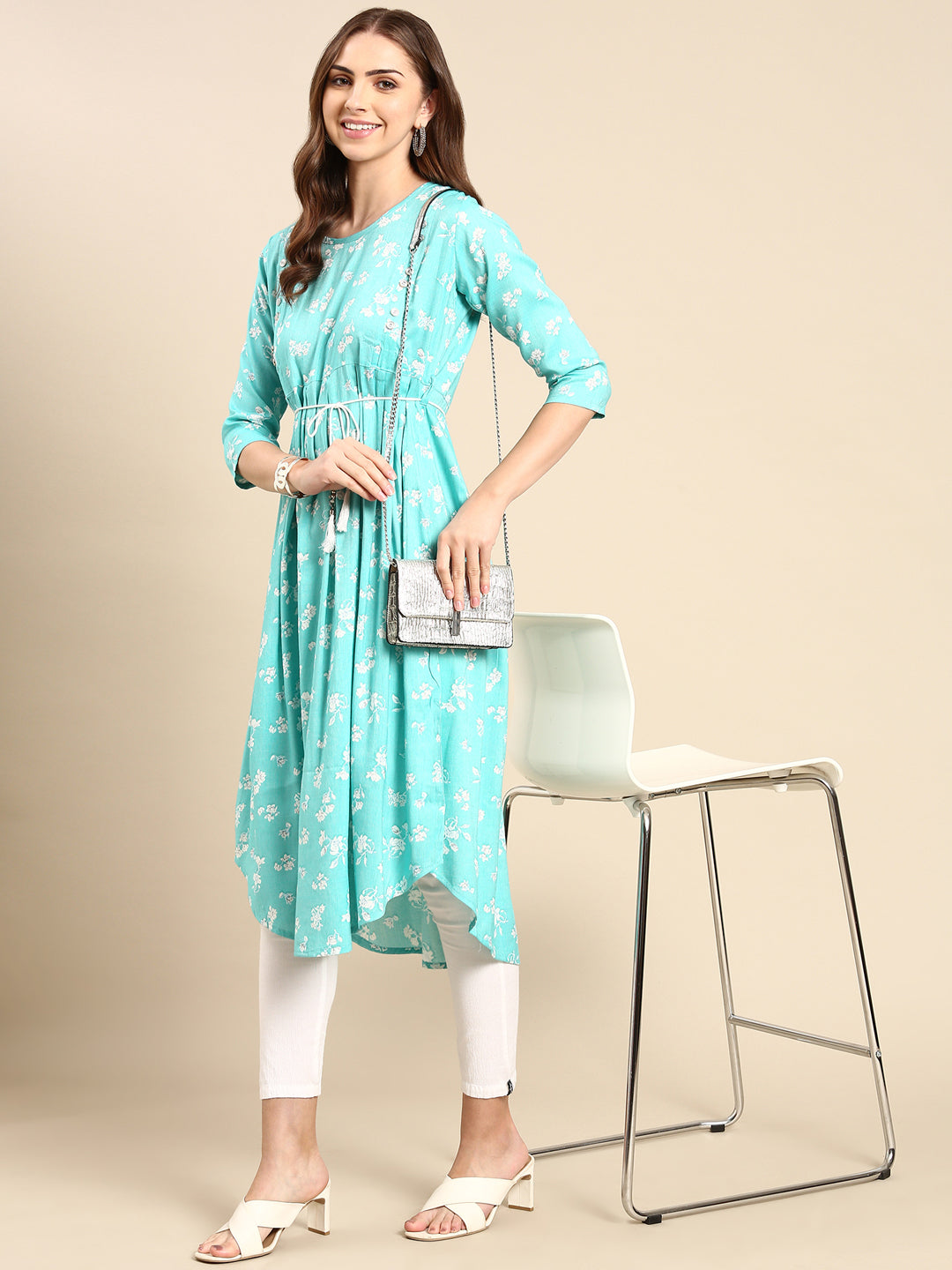 Women's Turquoise Blue Pleated Floral Printed Anarkali Kurta
