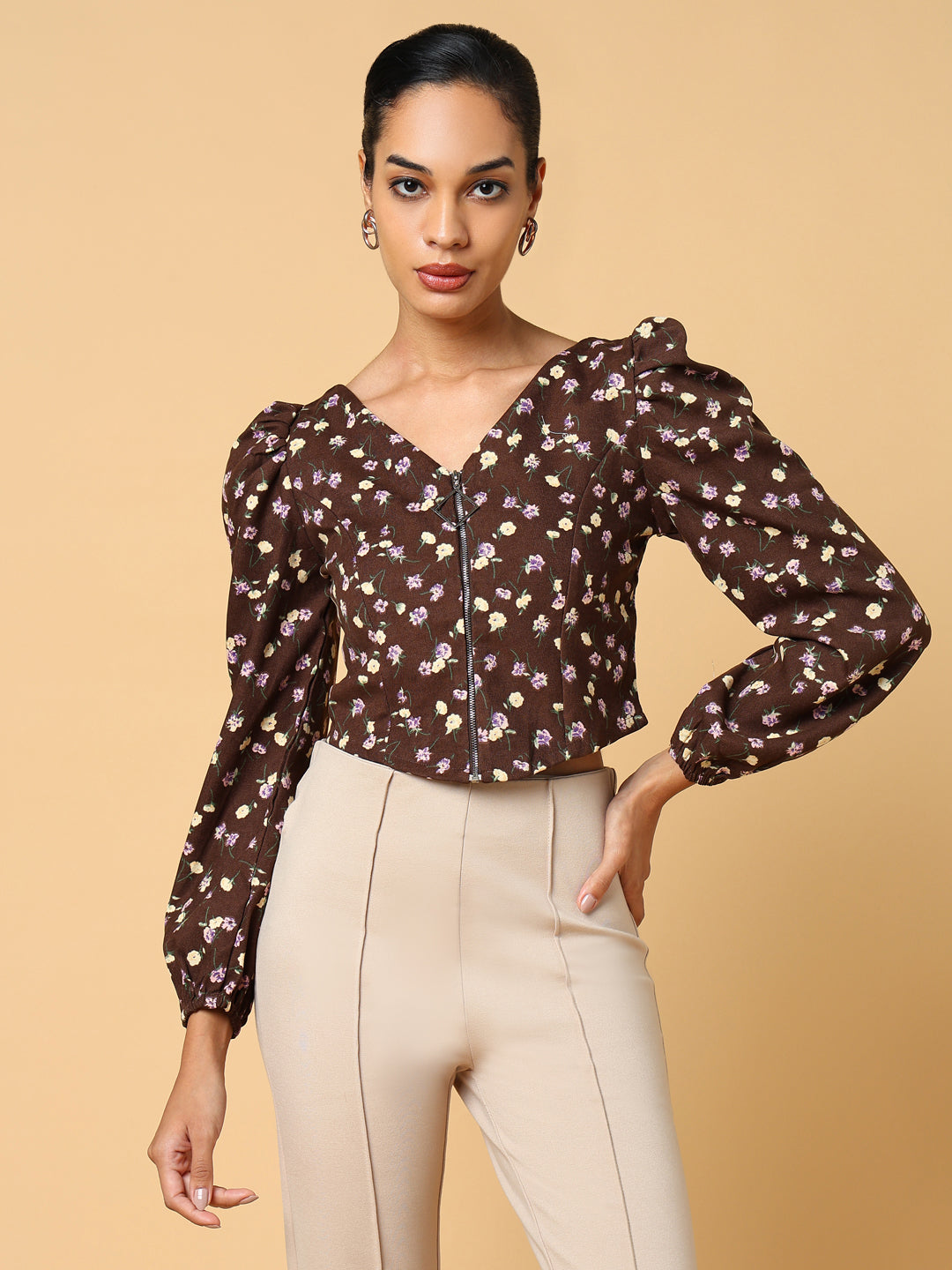Women's Brown Floral Printed Crop Top