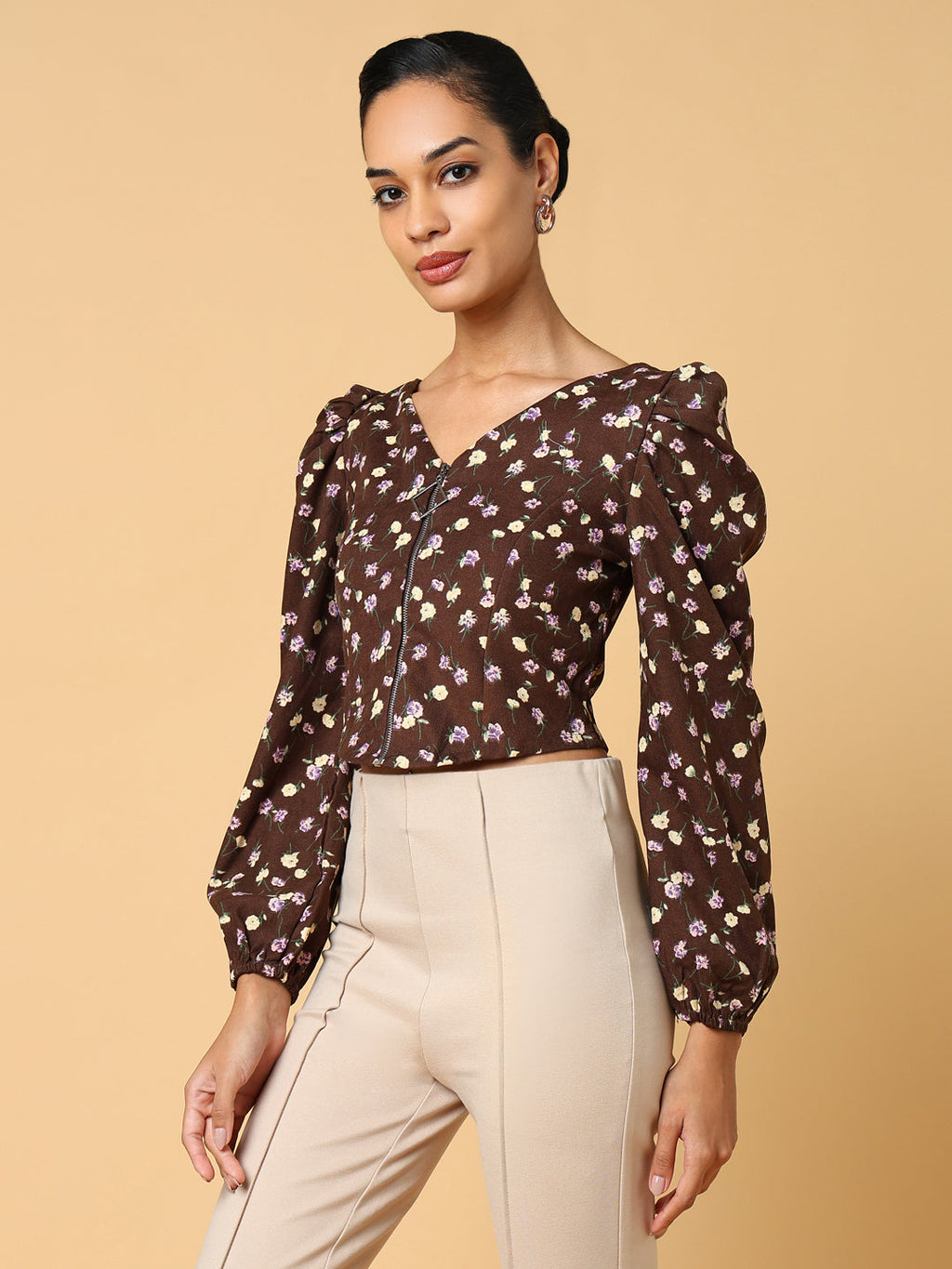 Women's Brown Floral Printed Crop Top