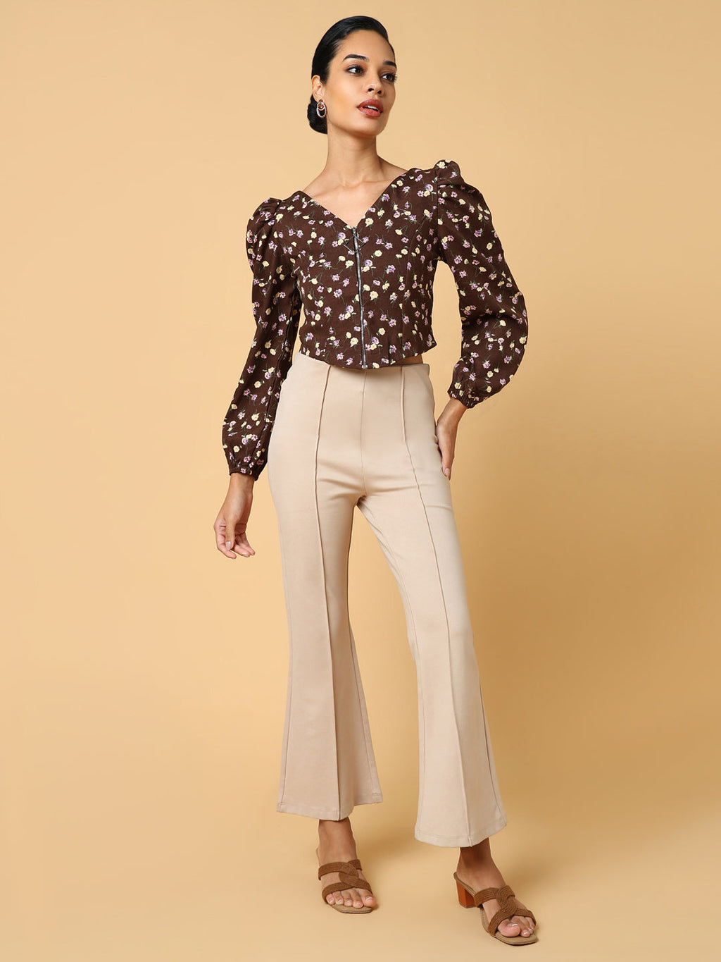 Women's Brown Floral Printed Crop Top