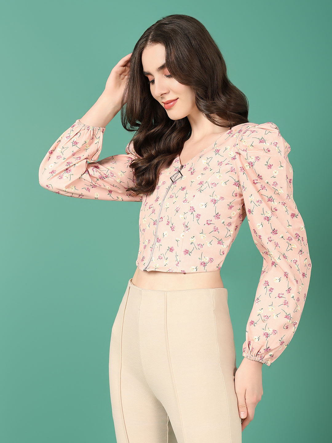 Women's Pink Floral Print Puff Sleeve Crop Top
