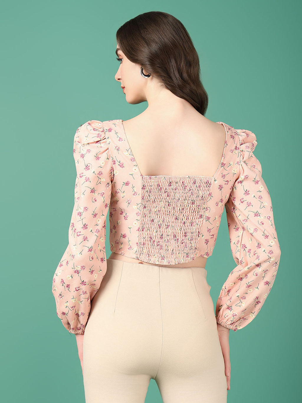 Women's Pink Floral Print Puff Sleeve Crop Top