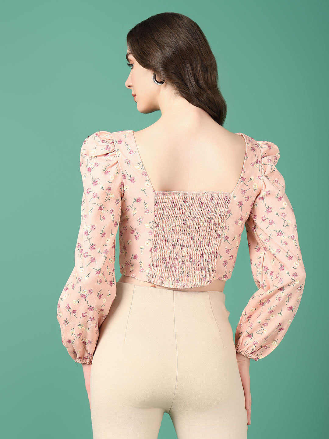 Women's Pink Floral Print Puff Sleeve Crop Top