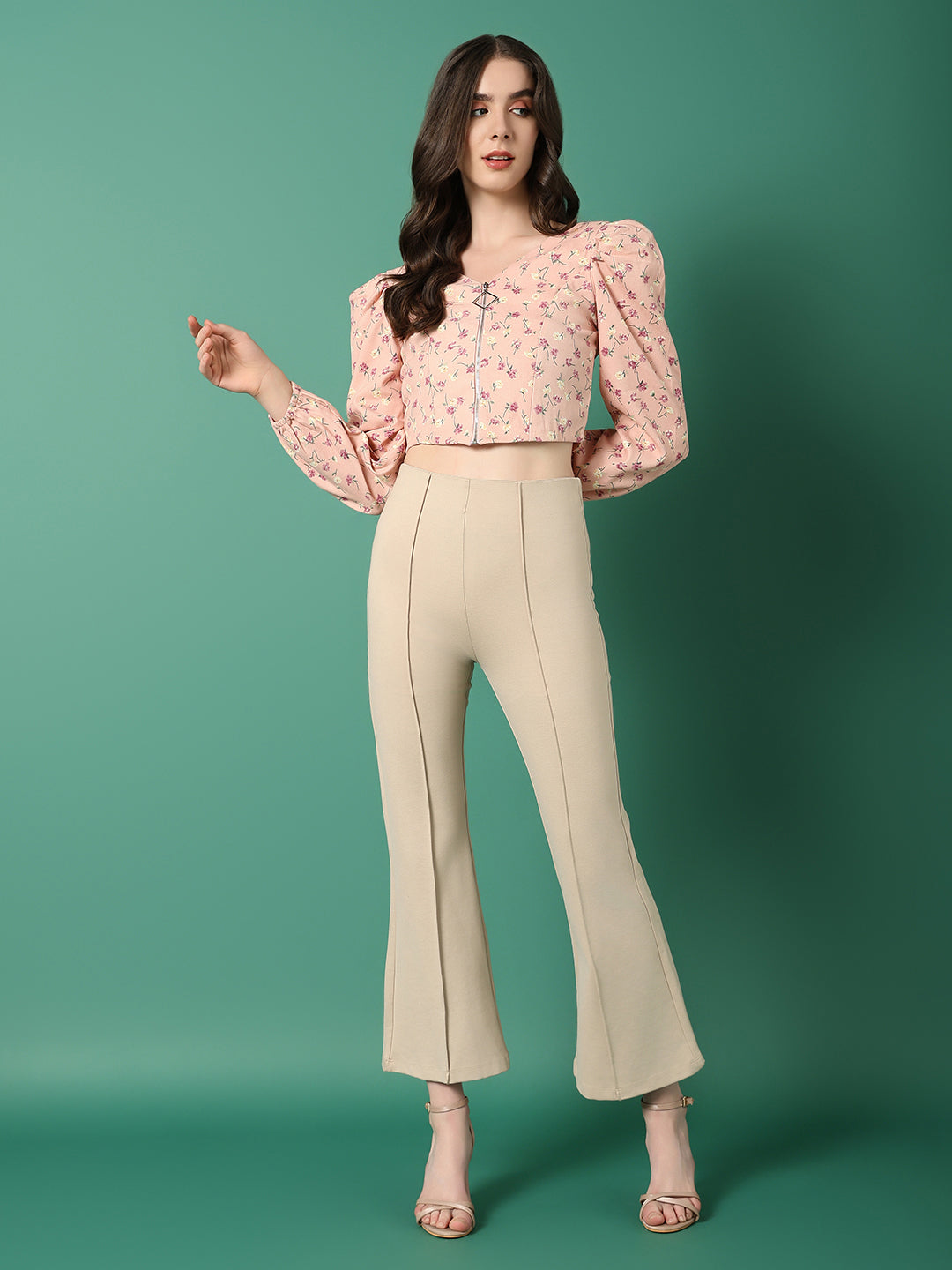 Women's Pink Floral Print Puff Sleeve Crop Top