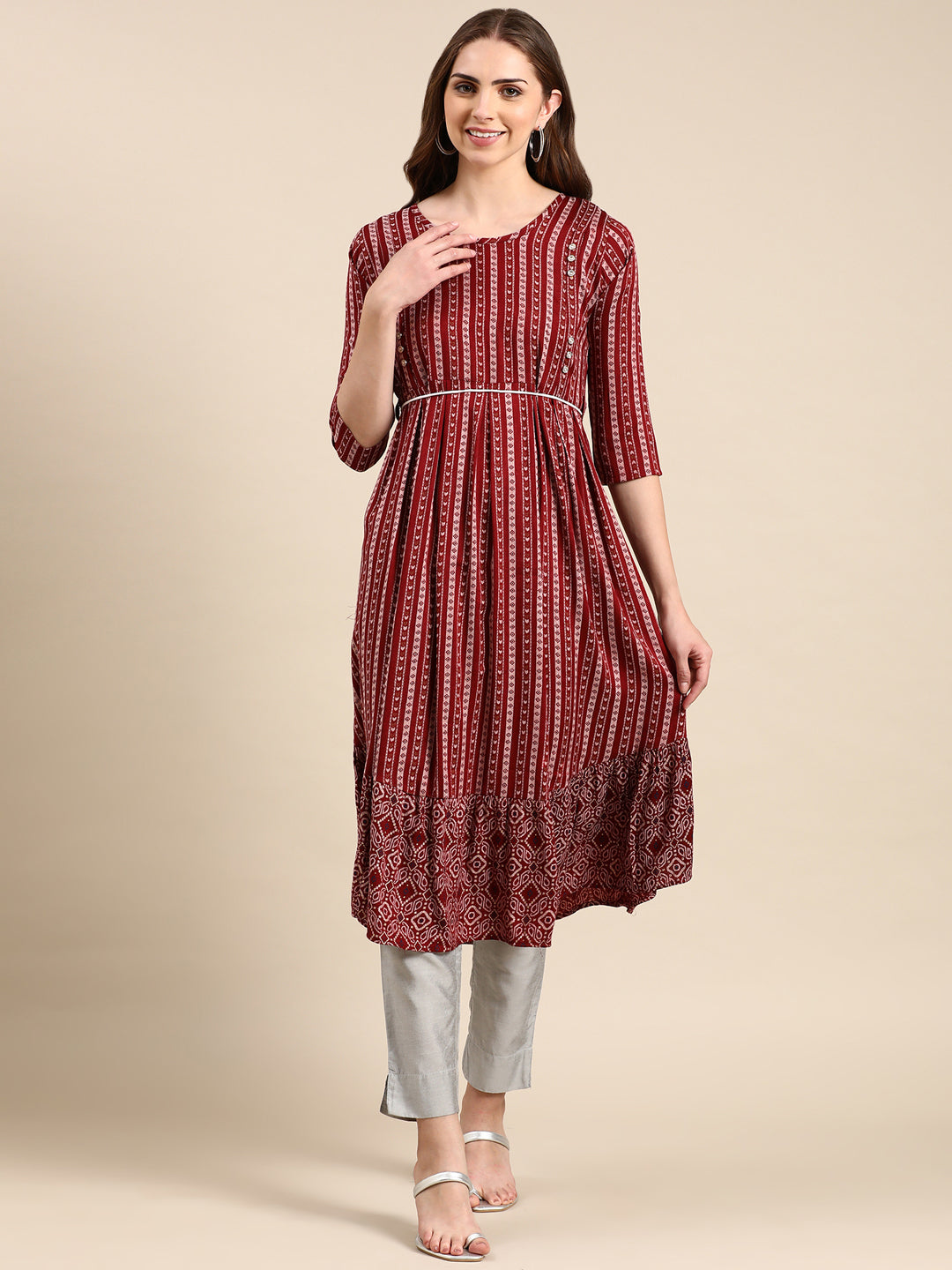 Women's Maroon Ethnic Motifs Printed Anarkali Kurta