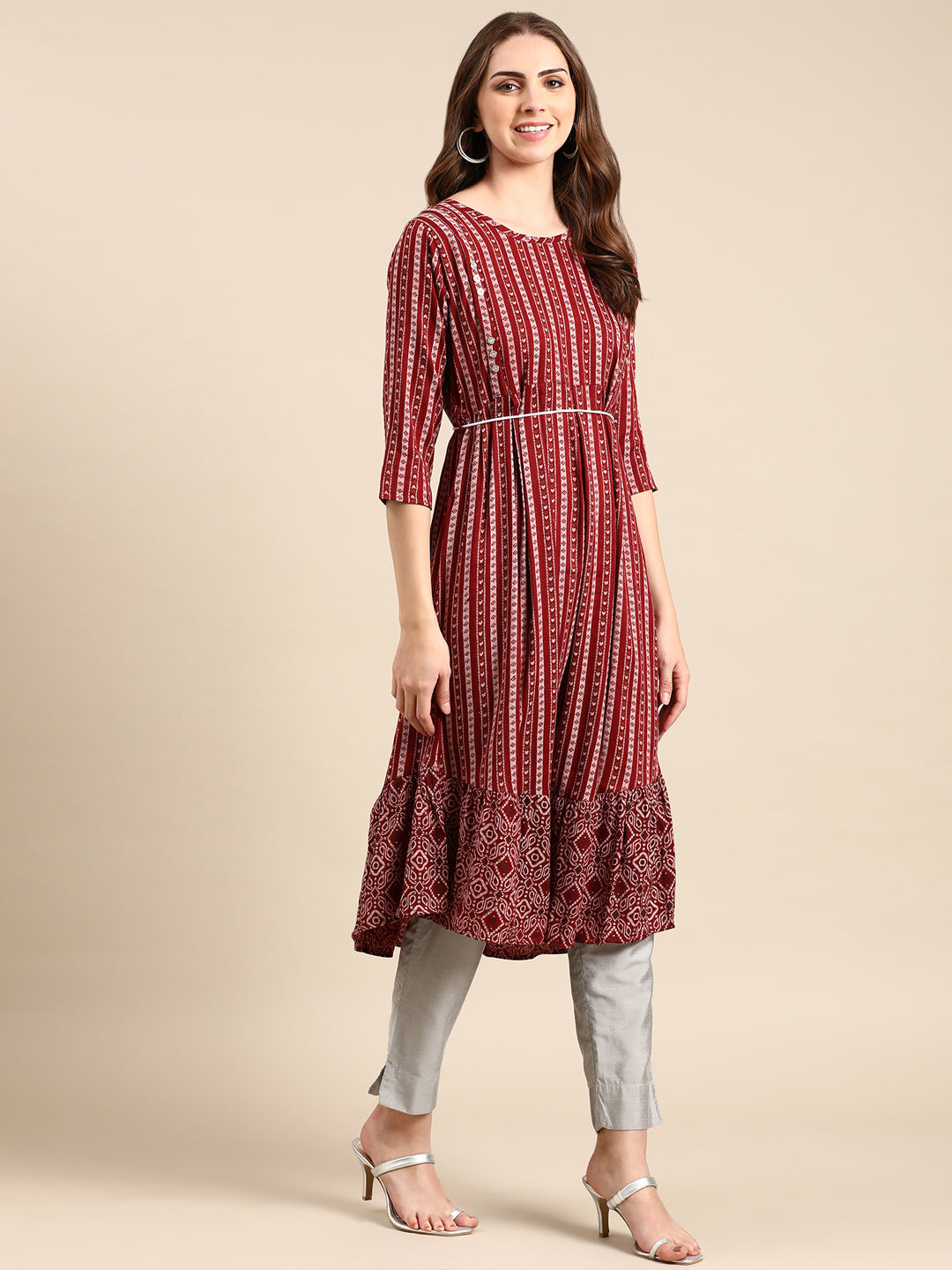 Women's Maroon Ethnic Motifs Printed Anarkali Kurta