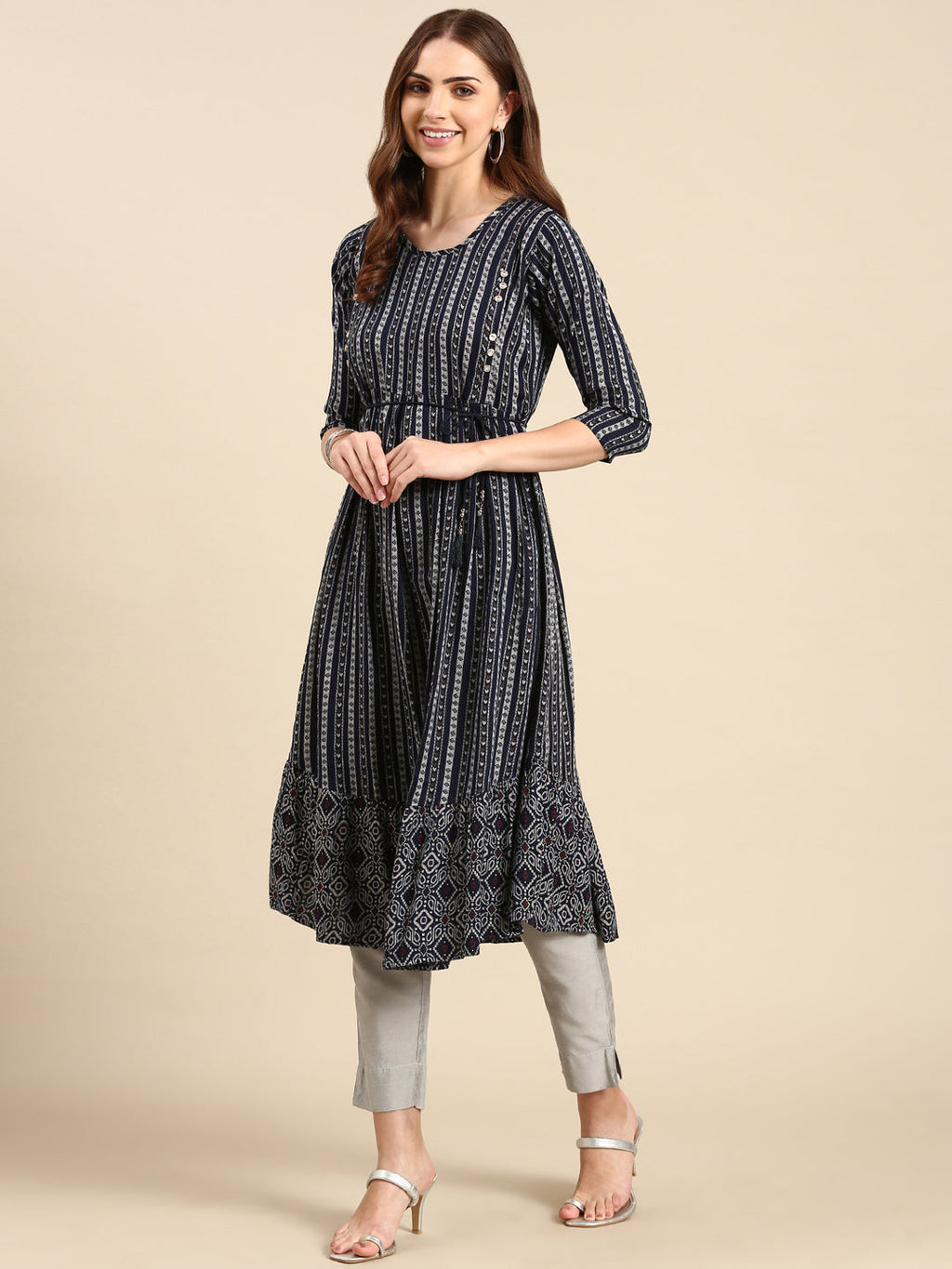 Women's Navy Blue Pleated Geometric Printed Anarkali Kurta