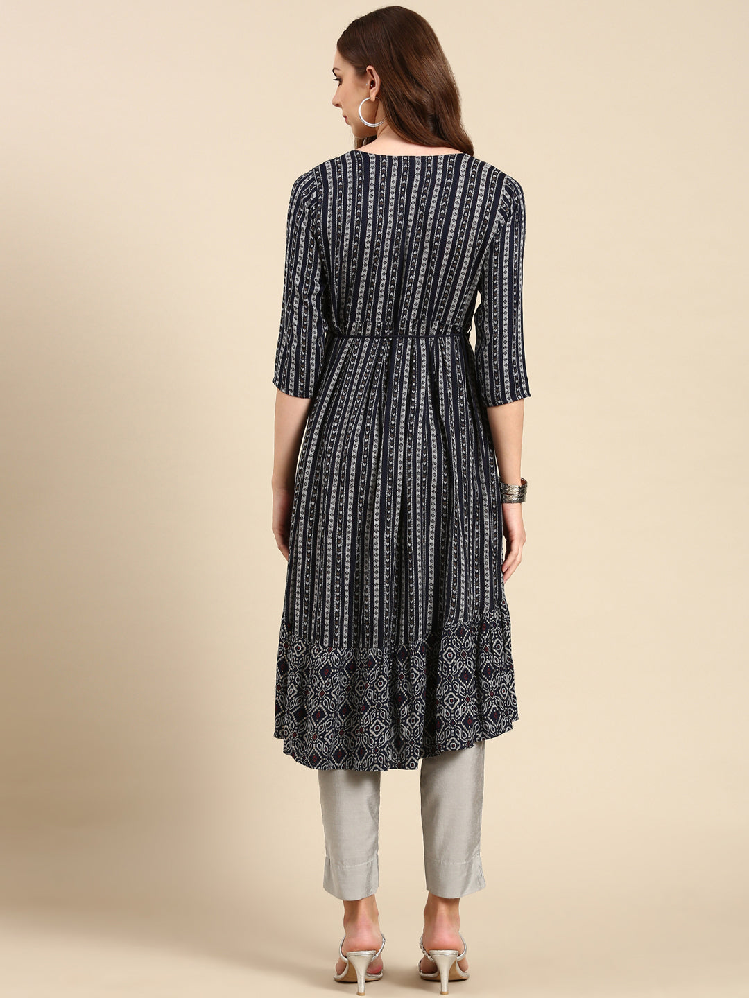 Women's Navy Blue Pleated Geometric Printed Anarkali Kurta